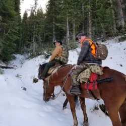 Two people on horseback ride through a snowy forest trail, wearing outdoor gear and carrying backpacks.