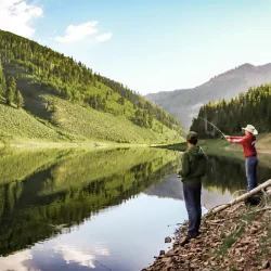 Three people fish on the rocky shore of a calm lake surrounded by green, tree-covered hills under a clear sky.